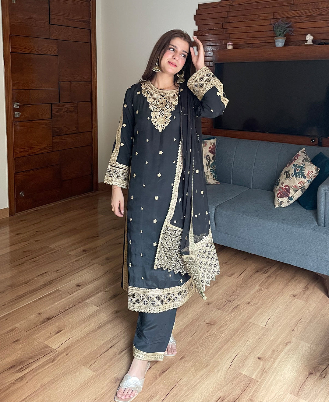 3 pcs Raw Silk Embroidered Dress - Black Majesty