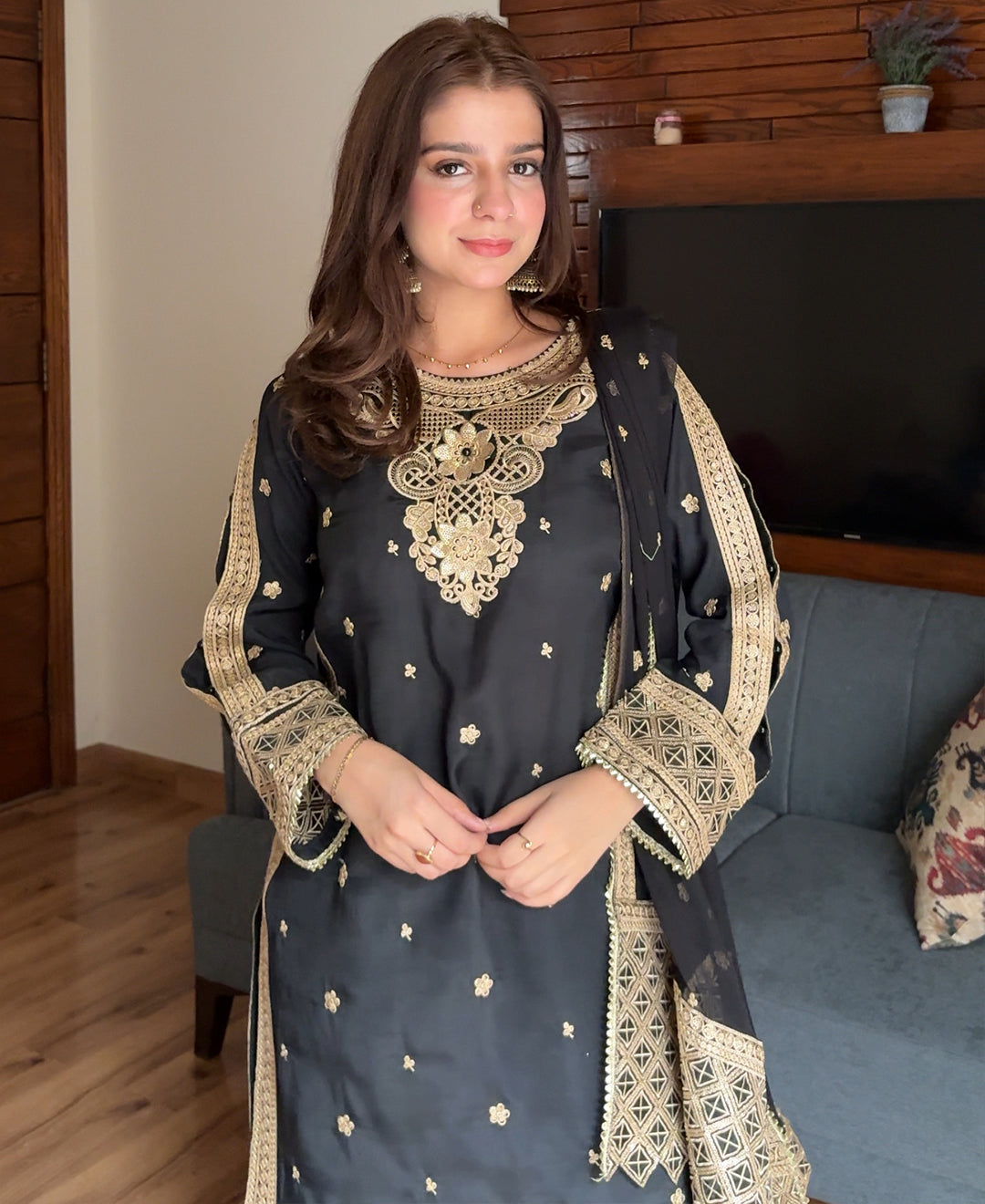3 pcs Raw Silk Embroidered Dress - Black Majesty