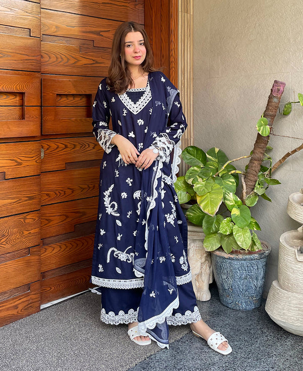 3 pcs Lawn Cotton Embroidered Dress - Navy Monarch