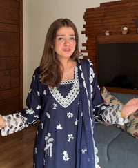 3 pcs Karandi Embroidered Dress - Navy Monarch