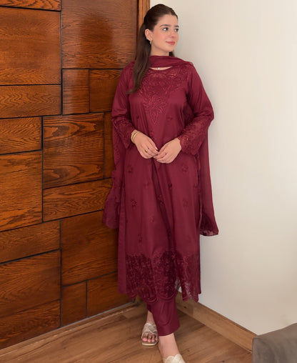 Rose Wine - 3 Piece Embroidered Lawn Cotton Suit