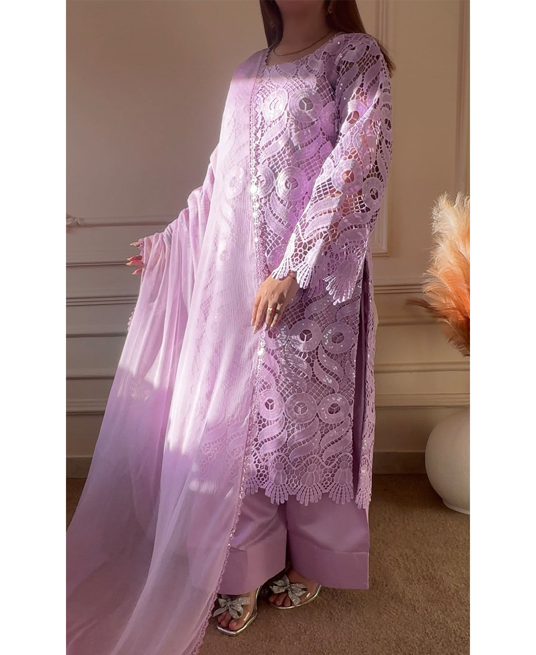 3 pcs Viscose Embroidered Dress - Lilac Royale