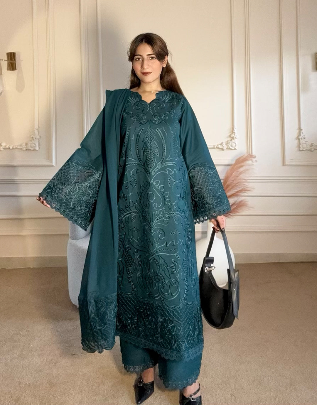 BEST SELLING ⚡ 3 pcs Cotton Embroidered Dress - Butter Beige