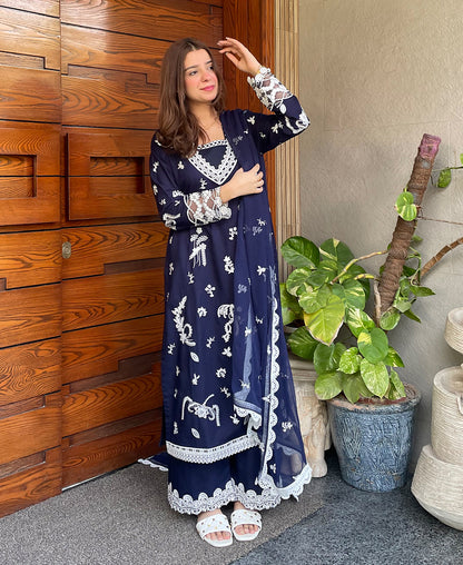 3 pcs Lawn Cotton Embroidered Dress - Navy Monarch