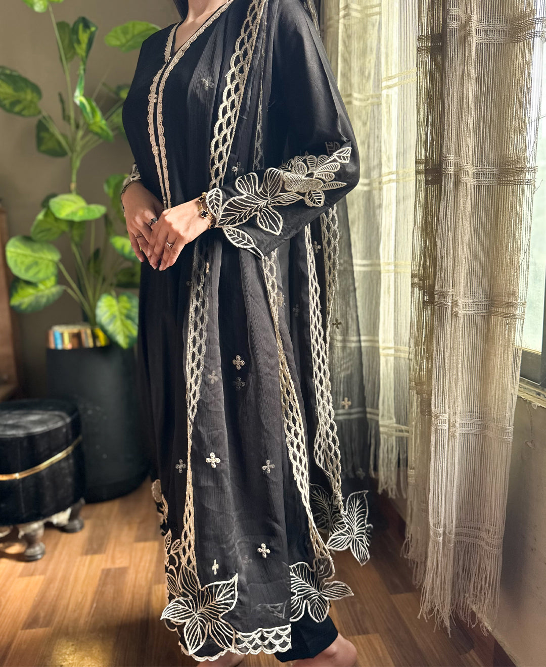 Moonlight Charcoal - 3 Piece Embroidered Cotton Suit