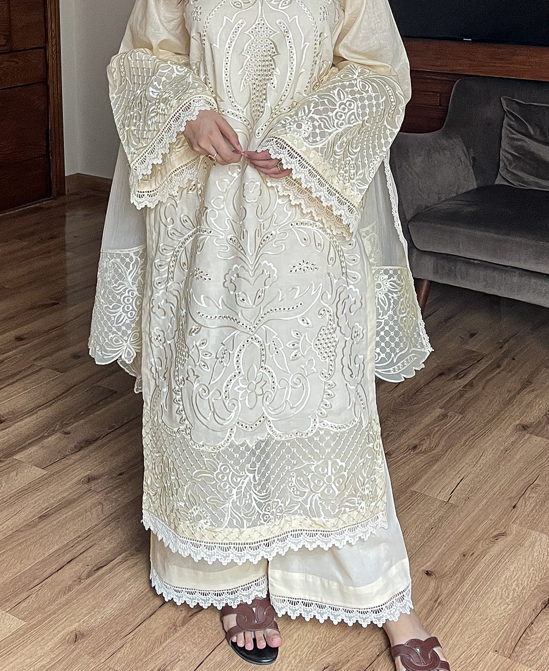 3 pcs Lawn Cotton Embroidered Dress - Butter Beige
