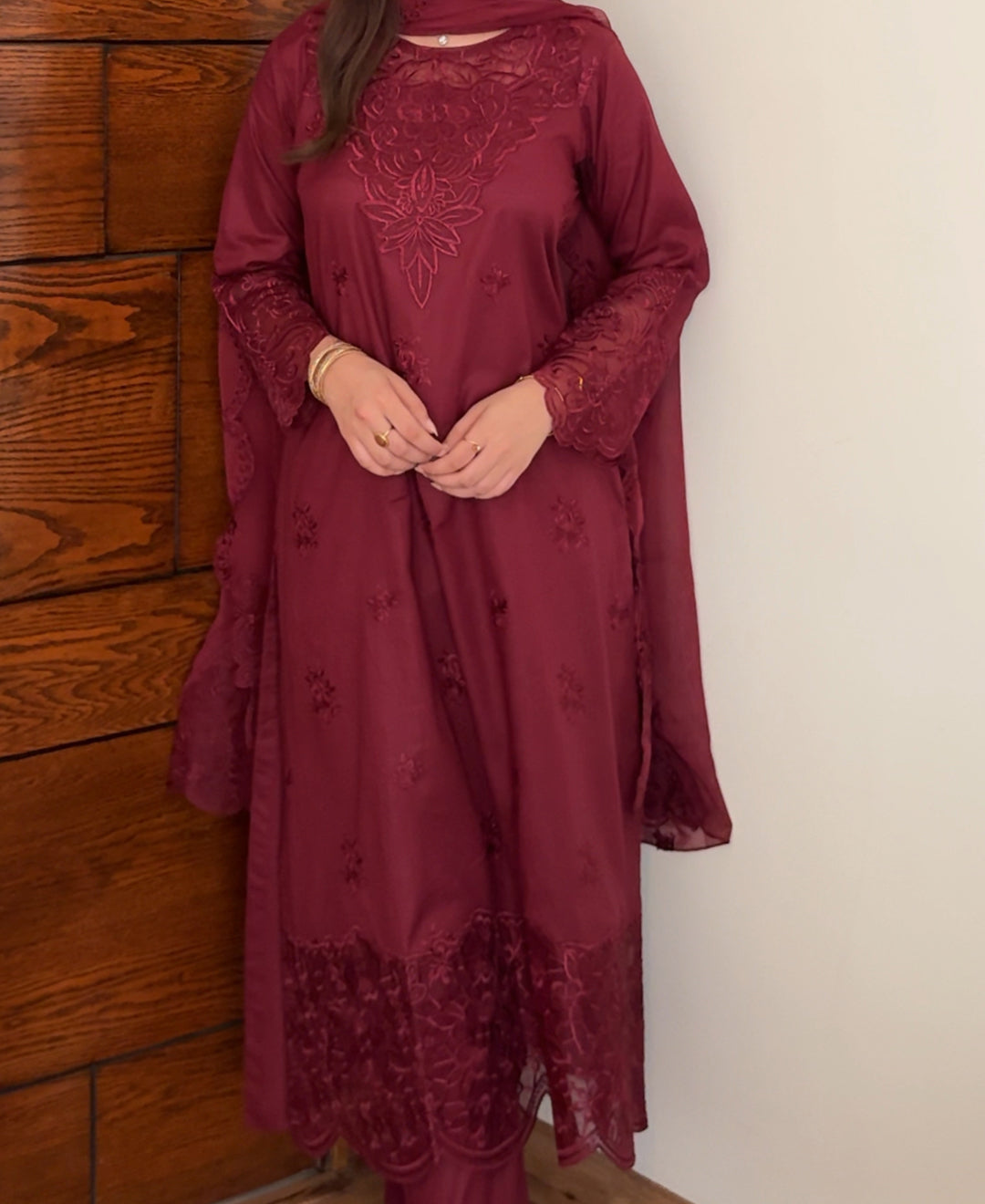 Rose Wine - 3 Piece Embroidered lawn Cotton Suit