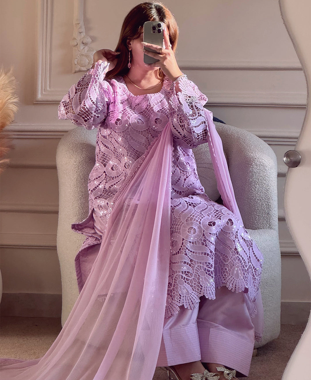 3 pcs Viscose Embroidered Dress - Lilac Royale