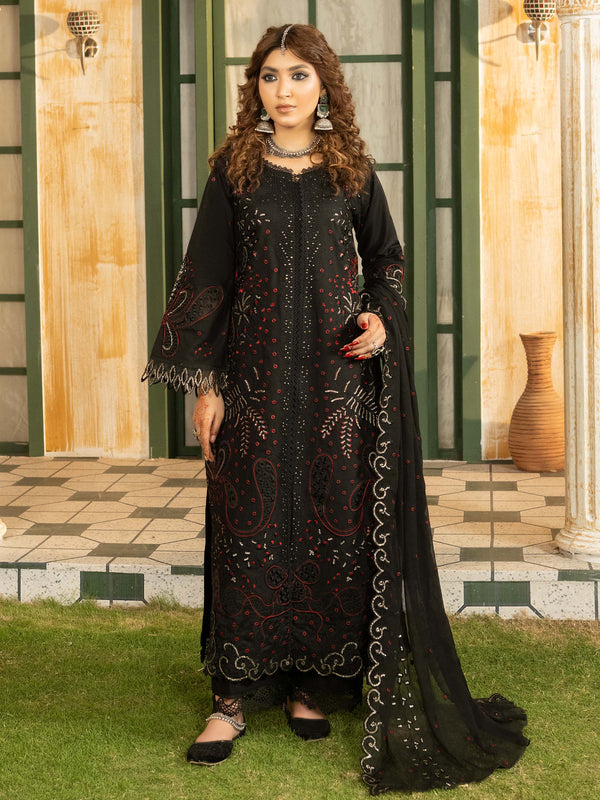 3 piece lawn suit with chiffon dupatta in black