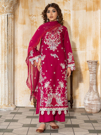 3 piece unstitched embroidered lawn suit in hot pink