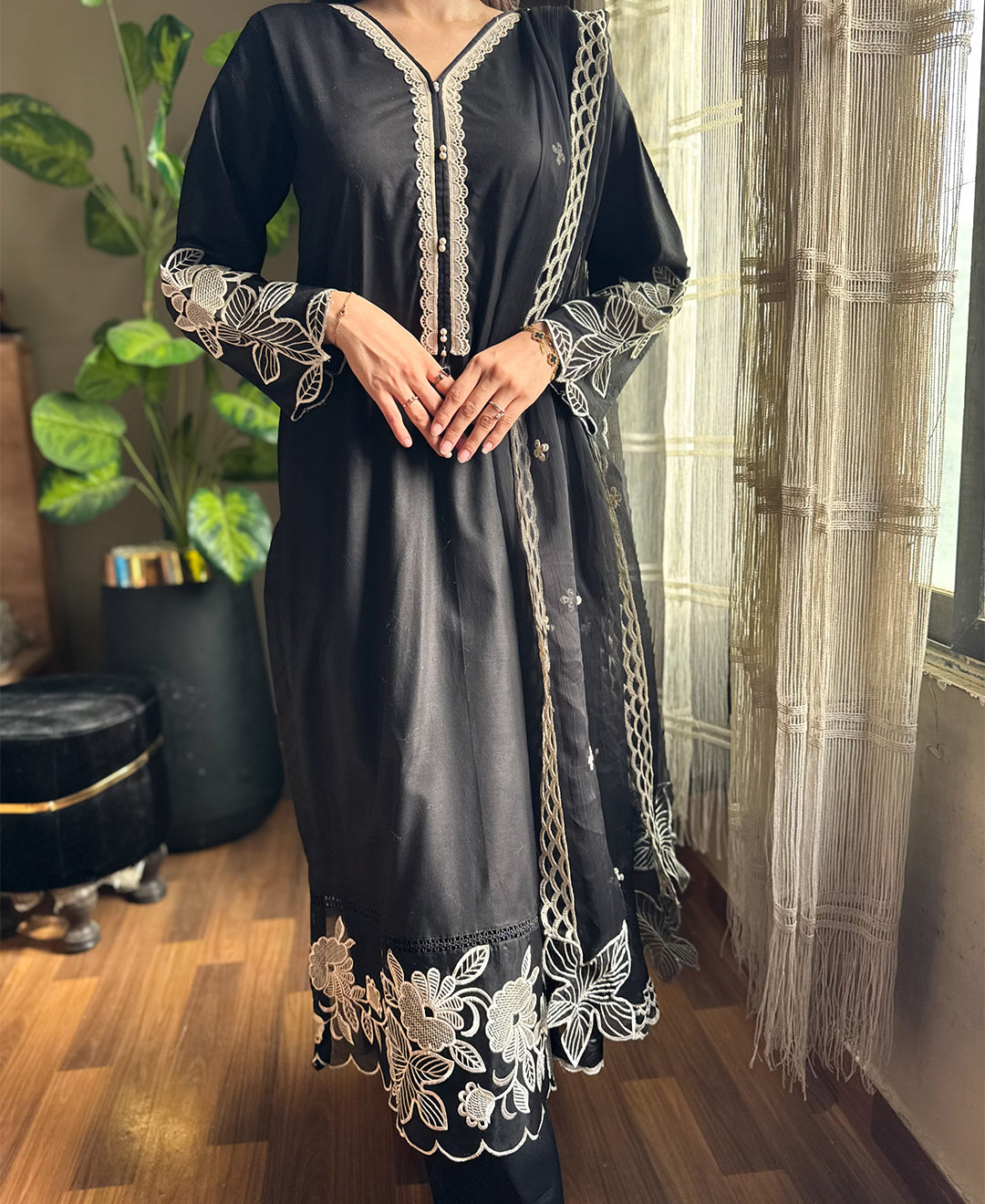 Moonlight Charcoal - 3 Piece Embroidered Cotton Suit