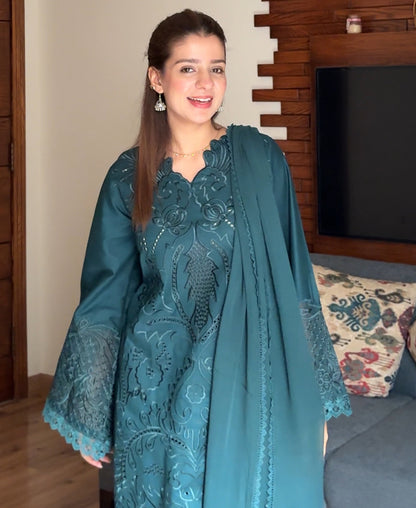 3 pcs Lawn Cotton Embroidered Dress - Teal Majestique