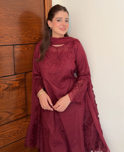 Rose Wine - 3 Piece Embroidered Lawn Cotton Suit