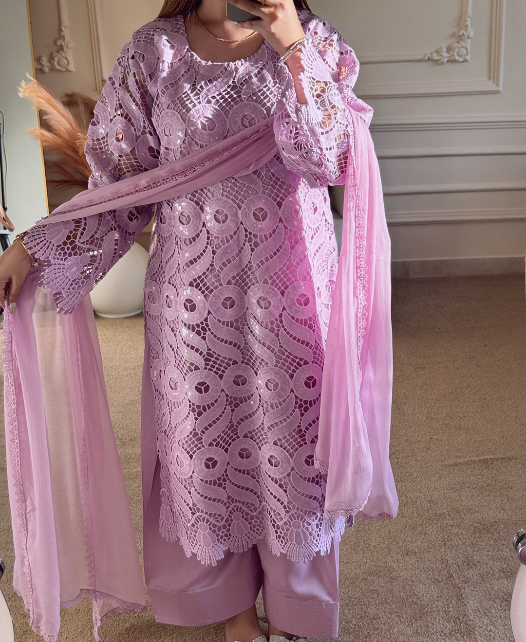 3 pcs Viscose Embroidered Dress - Lilac Royale