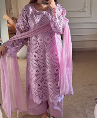 3 pcs Viscose Embroidered Dress - Lilac Royale