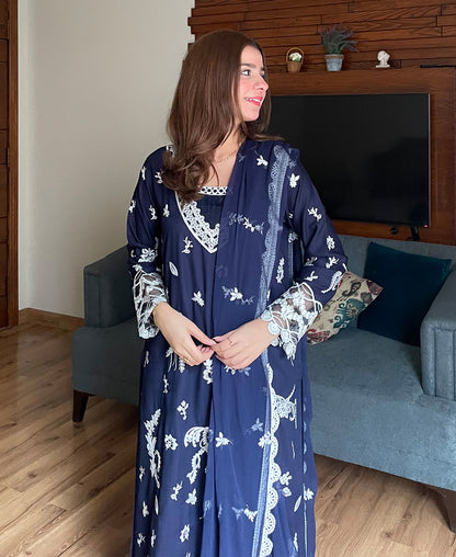 3 pcs Lawn Cotton Embroidered Dress - Navy Monarch