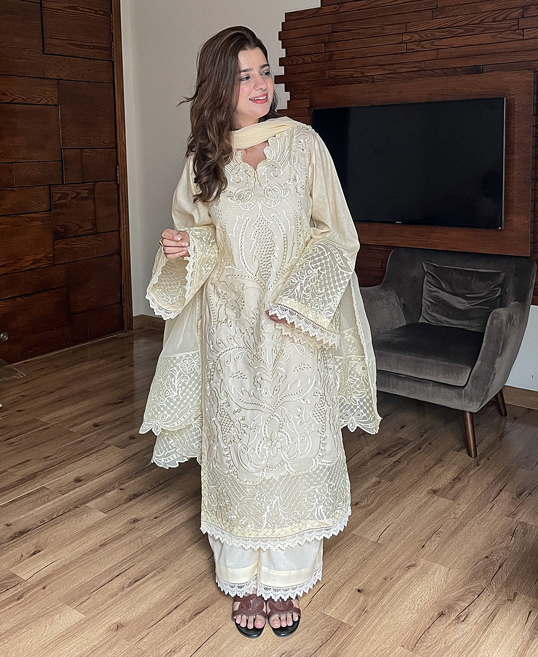 3 pcs Lawn Cotton Embroidered Dress - Butter Beige