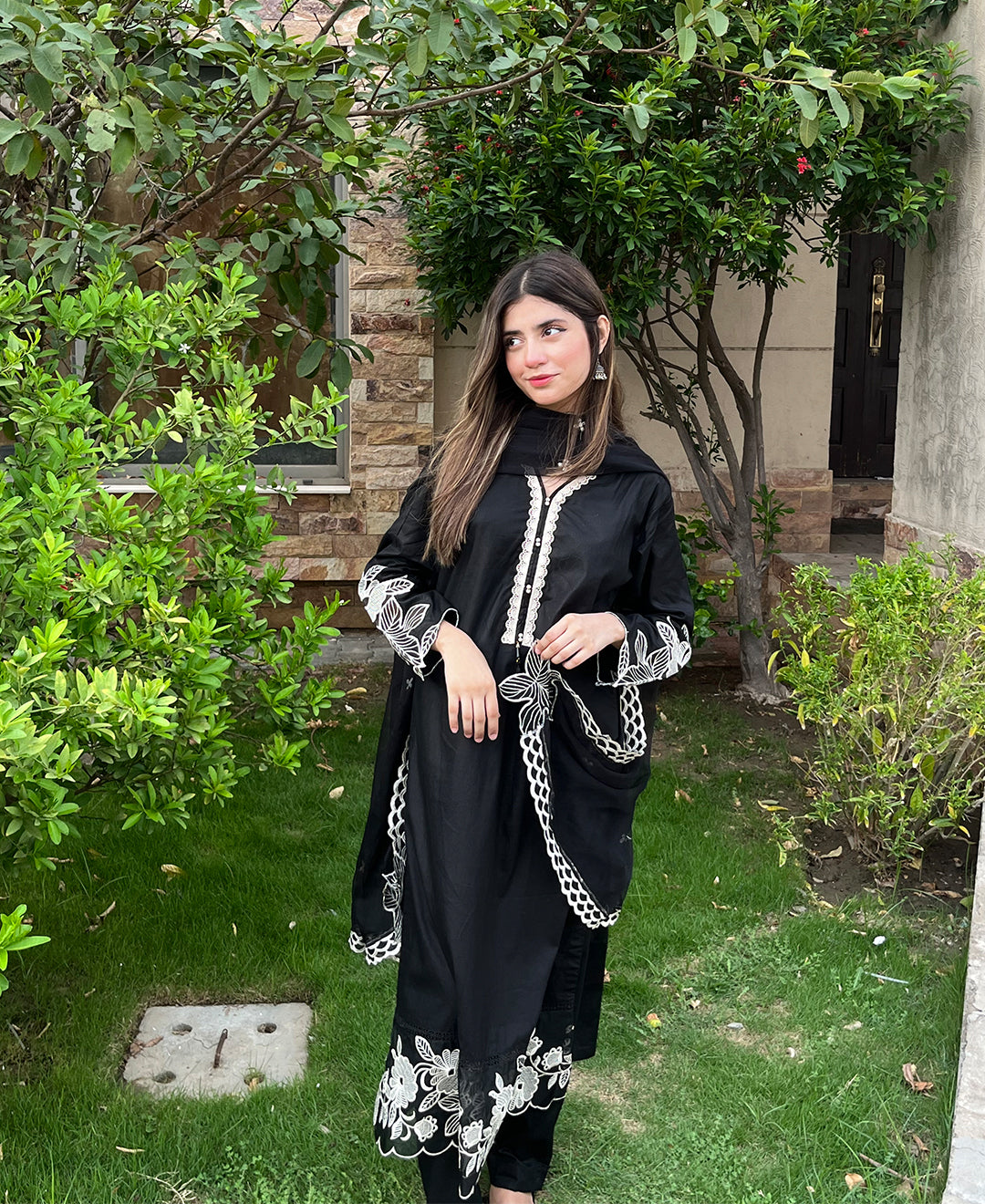 Moonlight Charcoal - 3 Piece Embroidered Cotton Suit