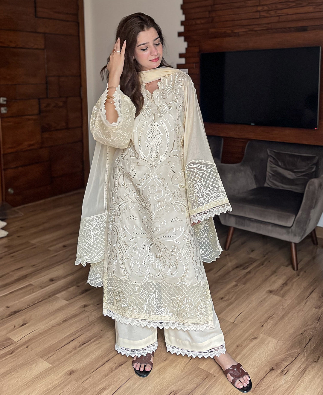 3 pcs Lawn Cotton Embroidered Dress - Butter Beige
