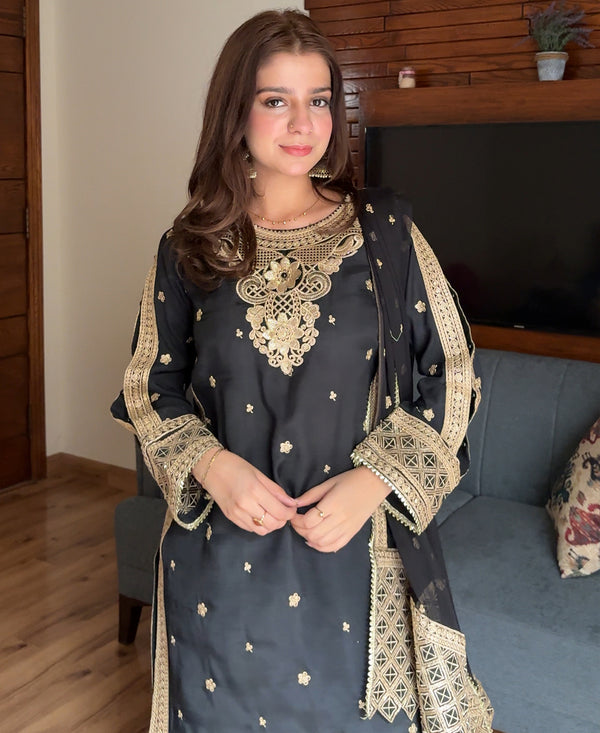 3 pcs Raw Silk Embroidered Dress - Black Majesty