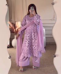 3 pcs Viscose Embroidered Dress - Lilac Royale