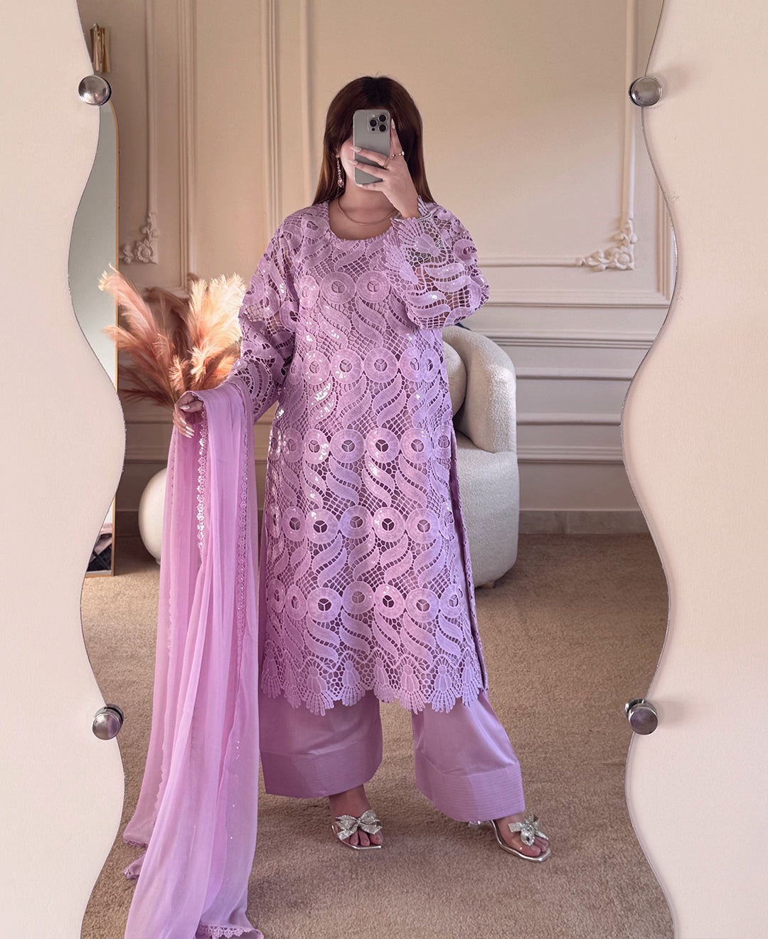 3 pcs Viscose Embroidered Dress - Lilac Royale