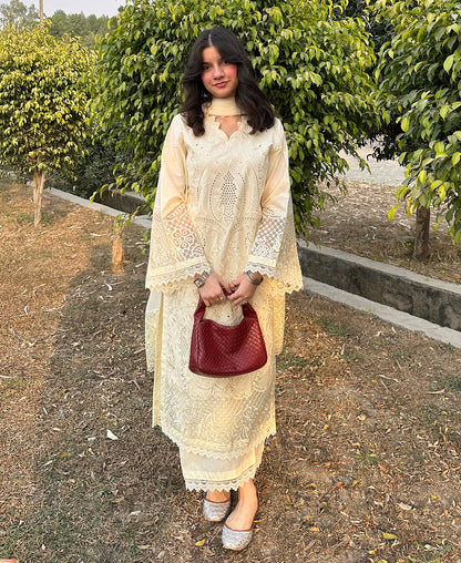 BEST SELLING ⚡ 3 pcs  Lawn Cotton Embroidered Dress - Butter Beige