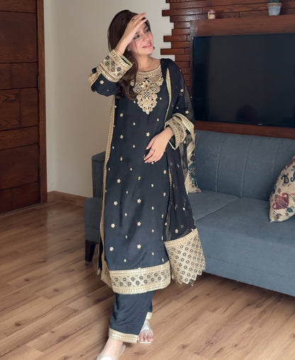3 pcs Raw Silk Embroidered Dress - Black Majesty