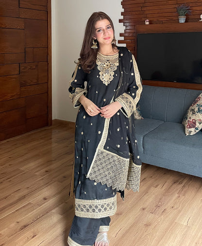 3 pcs Raw Silk Embroidered Dress - Black Majesty