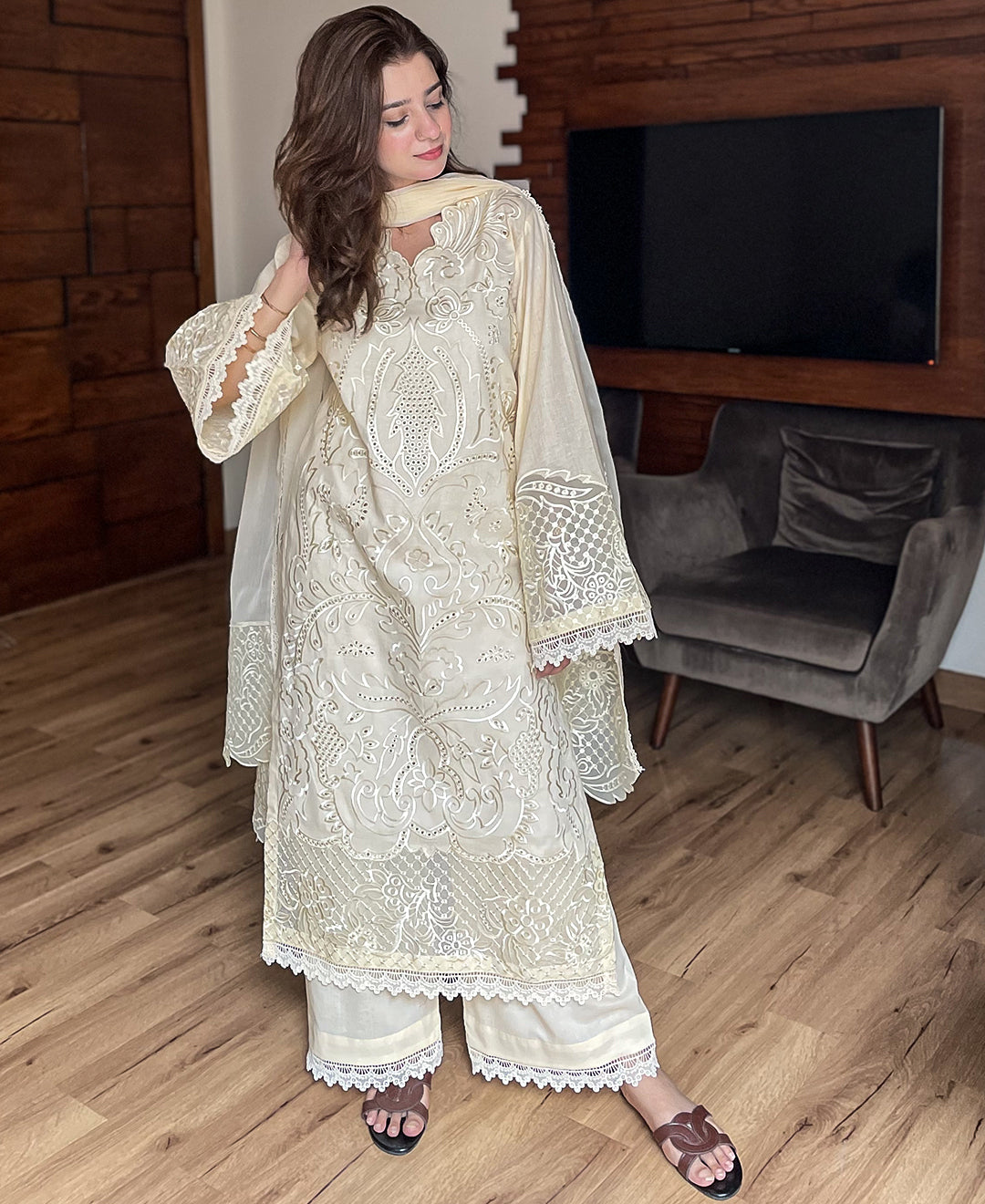 3 pcs Cambric/Karandi Embroidered Dress - Butter Beige