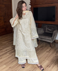 3 pcs Cambric/Karandi Embroidered Dress - Butter Beige