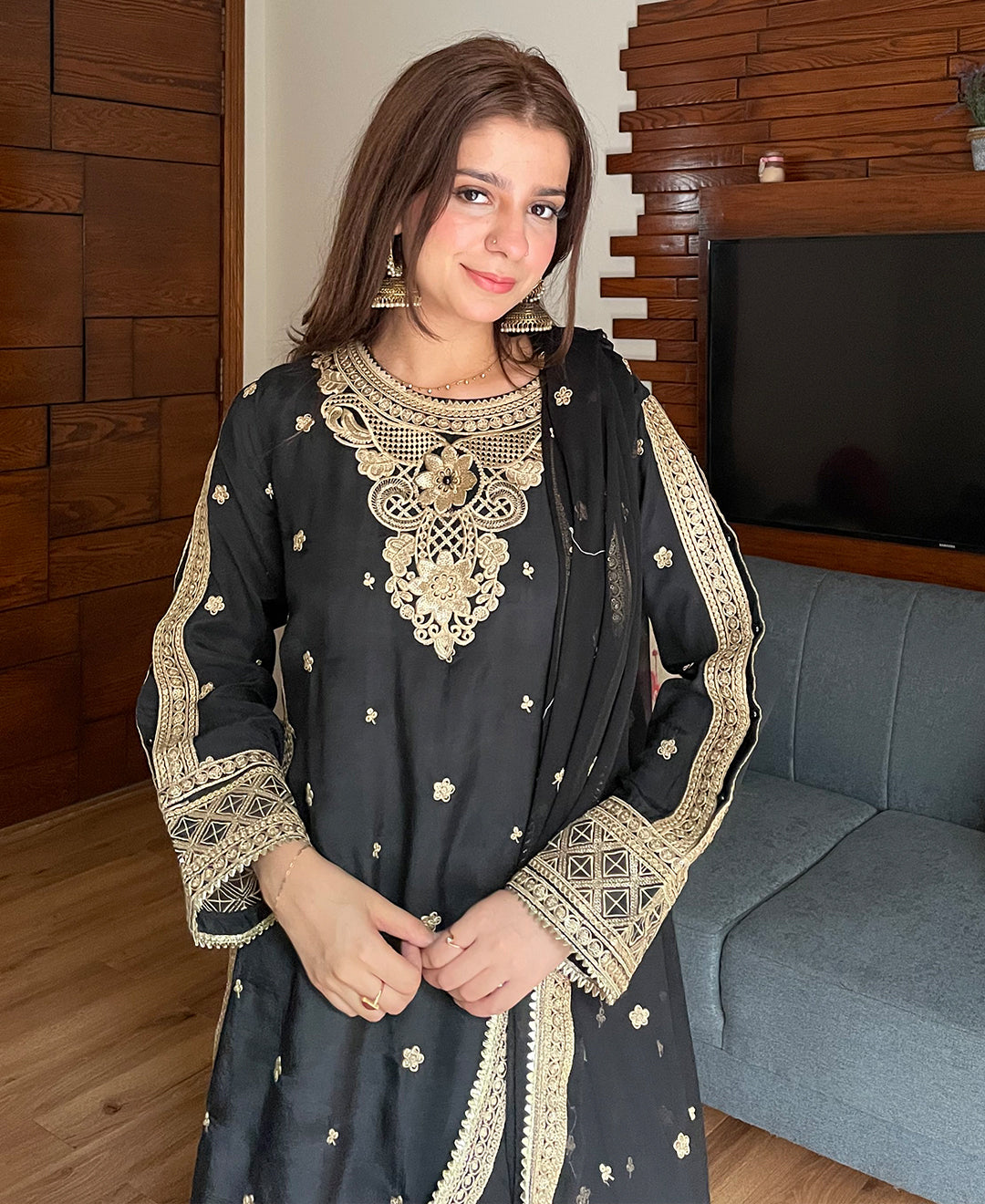 3 pcs Raw Silk Embroidered Dress - Black Majesty
