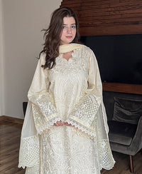 3 pcs Cambric/Karandi Embroidered Dress - Butter Beige