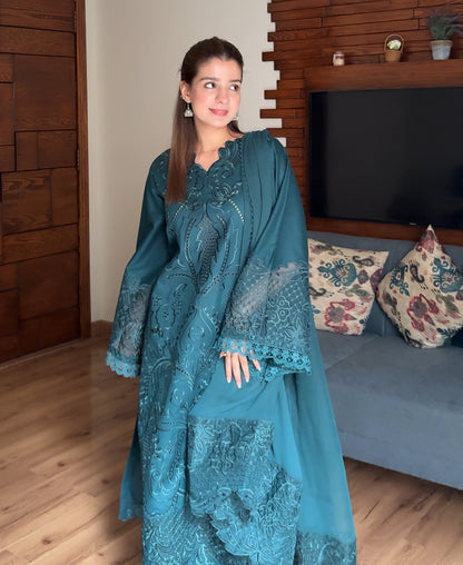 3 pcs Lawn Cotton Embroidered Dress - Teal Majestique