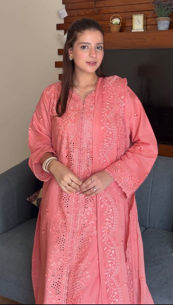 3 pcs Cotton Embroidered Dress - Gul-e-Rose