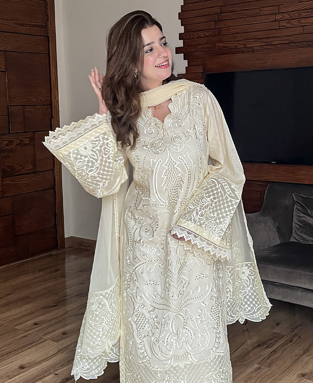 3 pcs Lawn Cotton Embroidered Dress - Butter Beige