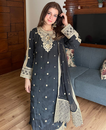 3 pcs Raw Silk Embroidered Dress - Black Majesty