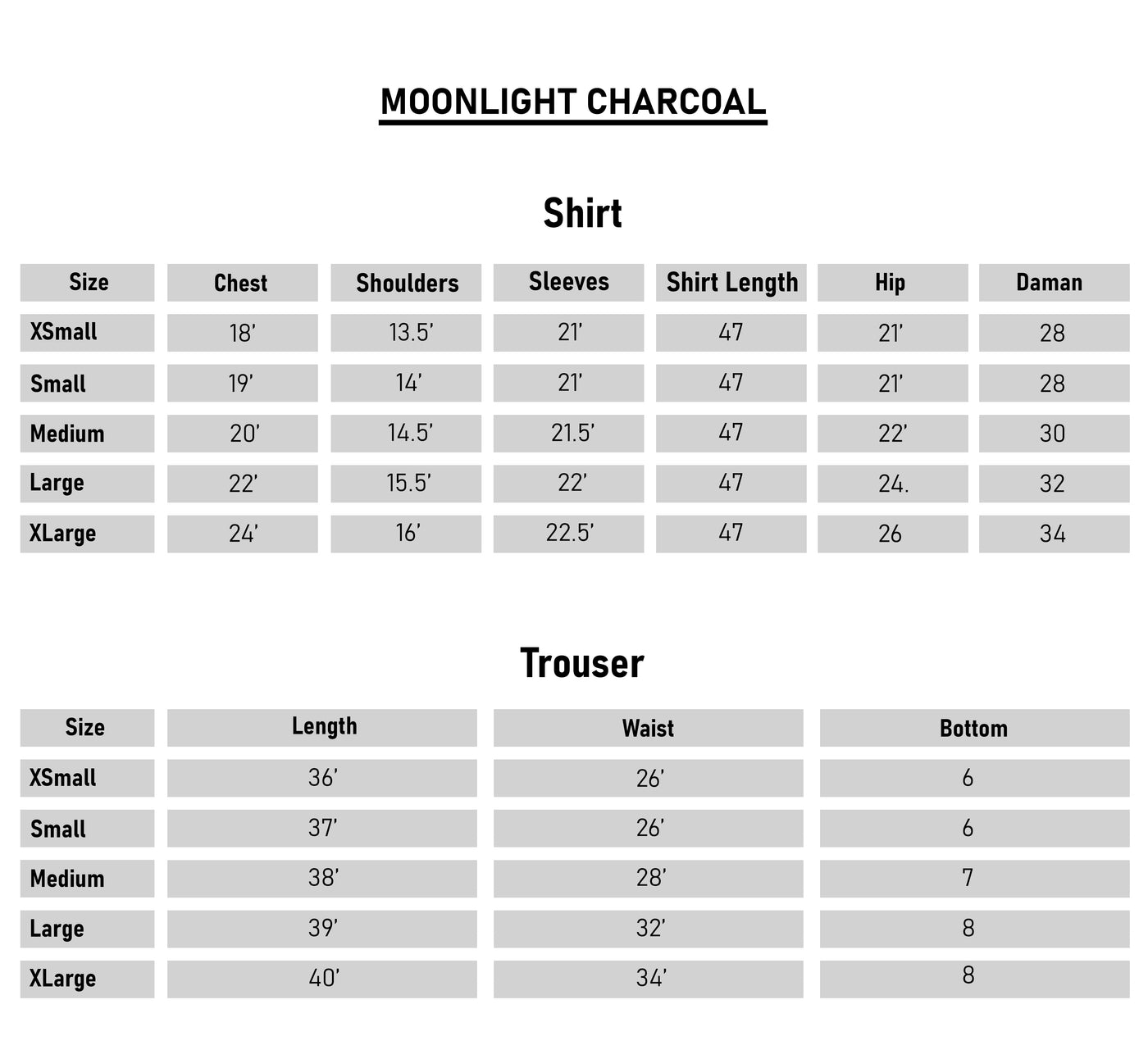 Size Chart - Moonlight Charcoal - 3 Piece Embroidered Cotton Suit