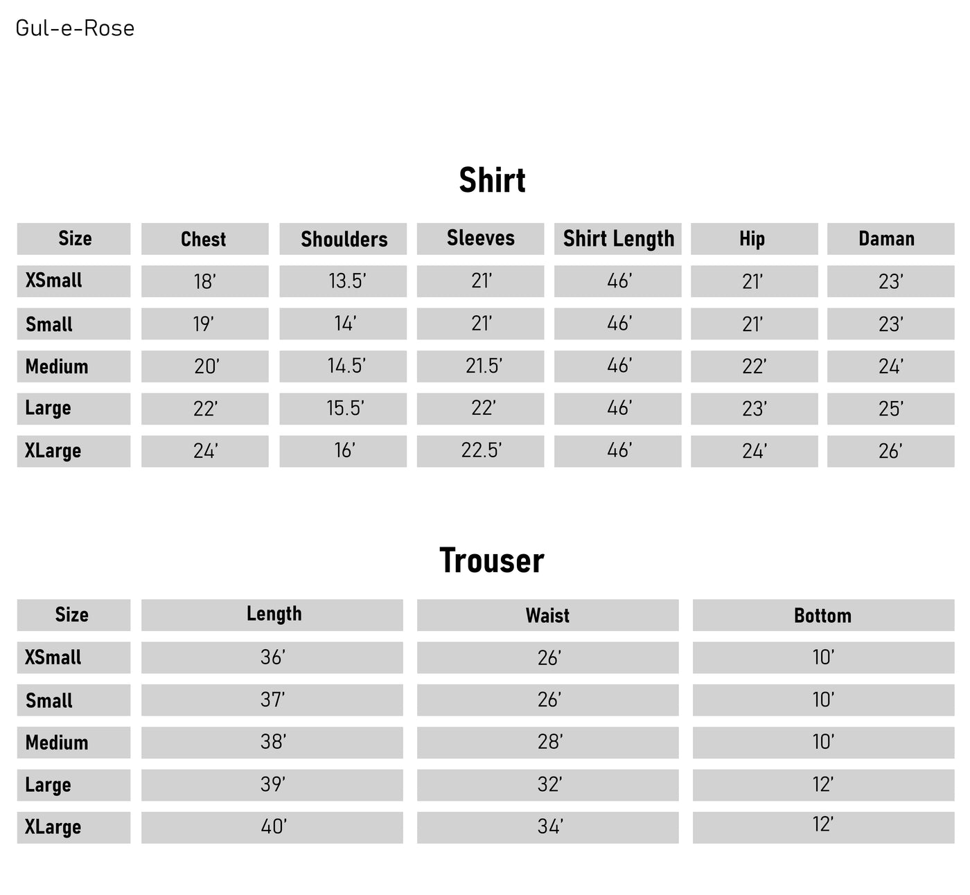 Size Chart - 3 pcs Cotton Embroidered Dress - Gul-e-Rose