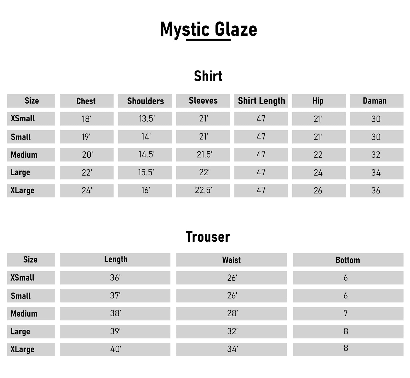 Size Chart - Mystic Glaze - 3 Piece Embroidered Lawn Cotton Suit