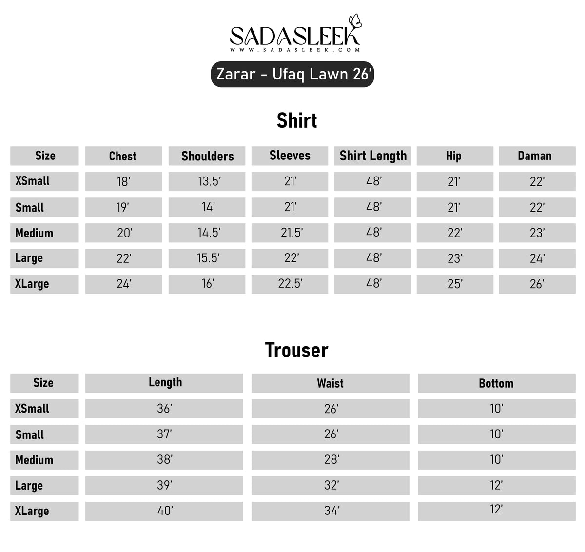 Size Chart - Ladies Embroidery Suit Zarar U1B Pista