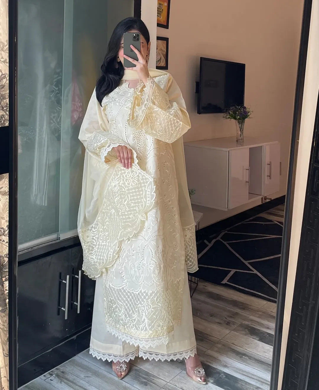 3 pcs Cambric/Karandi Embroidered Dress - Butter Beige