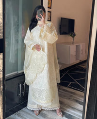 3 pcs Cambric/Karandi Embroidered Dress - Butter Beige