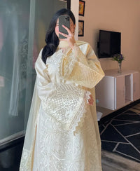 3 pcs Cambric/Karandi Embroidered Dress - Butter Beige