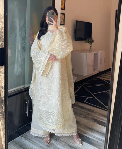 BEST SELLING ⚡ 3 pcs  Lawn Cotton Embroidered Dress - Butter Beige