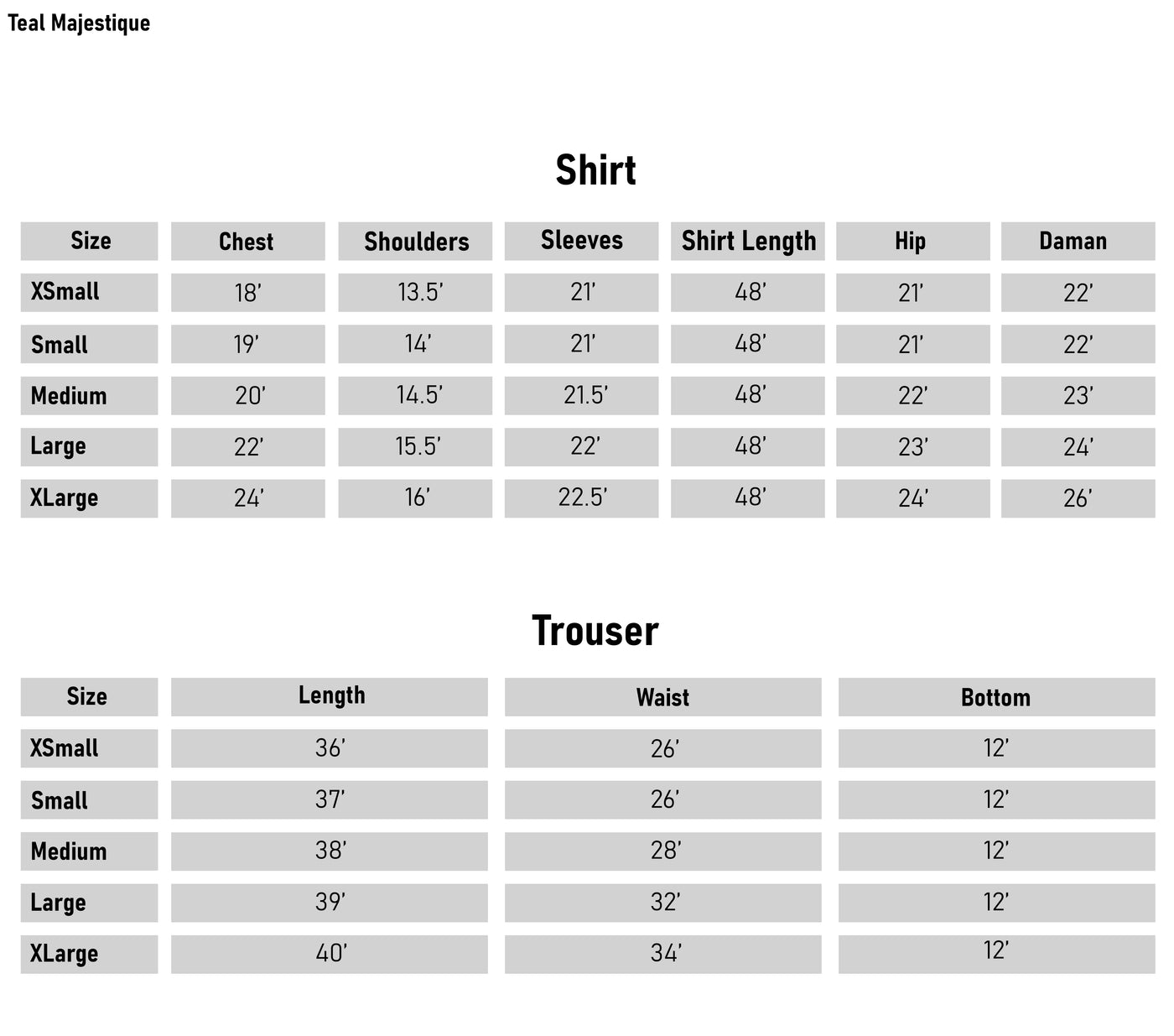 Size Chart - 3 pcs Lawn Cotton Embroidered Dress - Teal Majestique