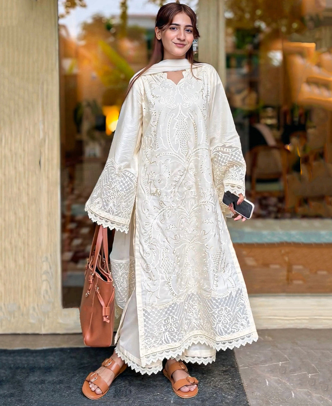 BEST SELLING ⚡ 3 pcs  Lawn Cotton Embroidered Dress - Butter Beige
