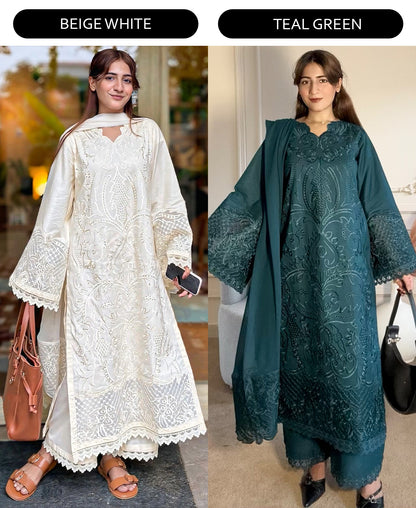 BEST SELLING ⚡ 3 pcs  Lawn Cotton Embroidered Dress - Butter Beige