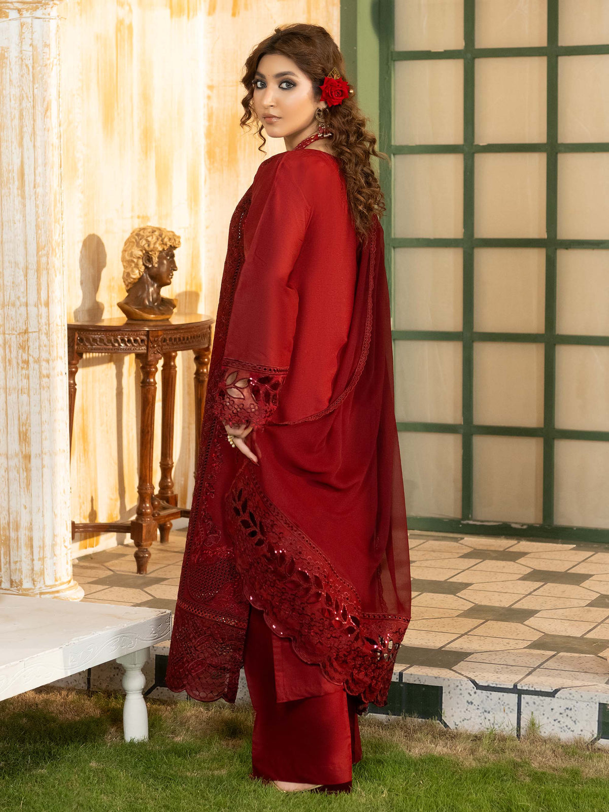 Back view of maroon embroidered lawn suit with dupatta