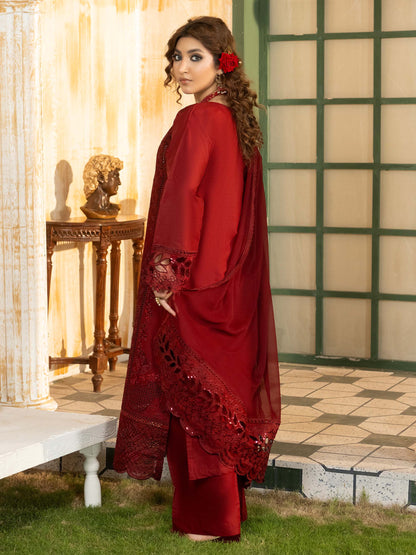 Back view of maroon embroidered lawn suit with dupatta